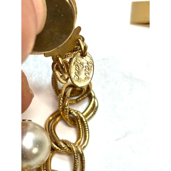 Vintage PARK LANE Necklace Gold Tone Bib Choker Signed Faux Pearl Triple Chain - Picture 2 of 5